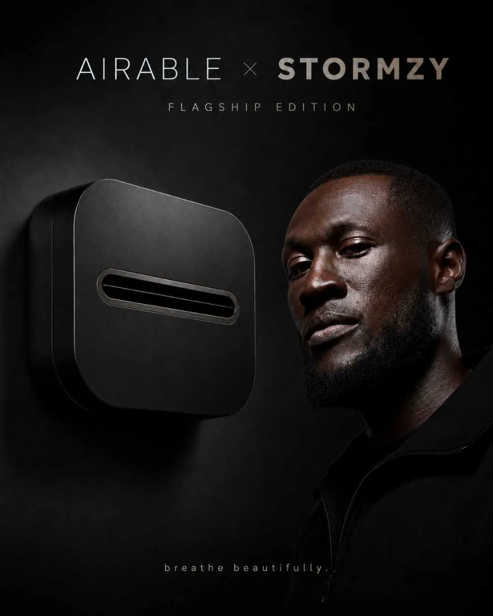 airable × Stormzy, Flagship Edition. Stormzy beside the matte black airable tile