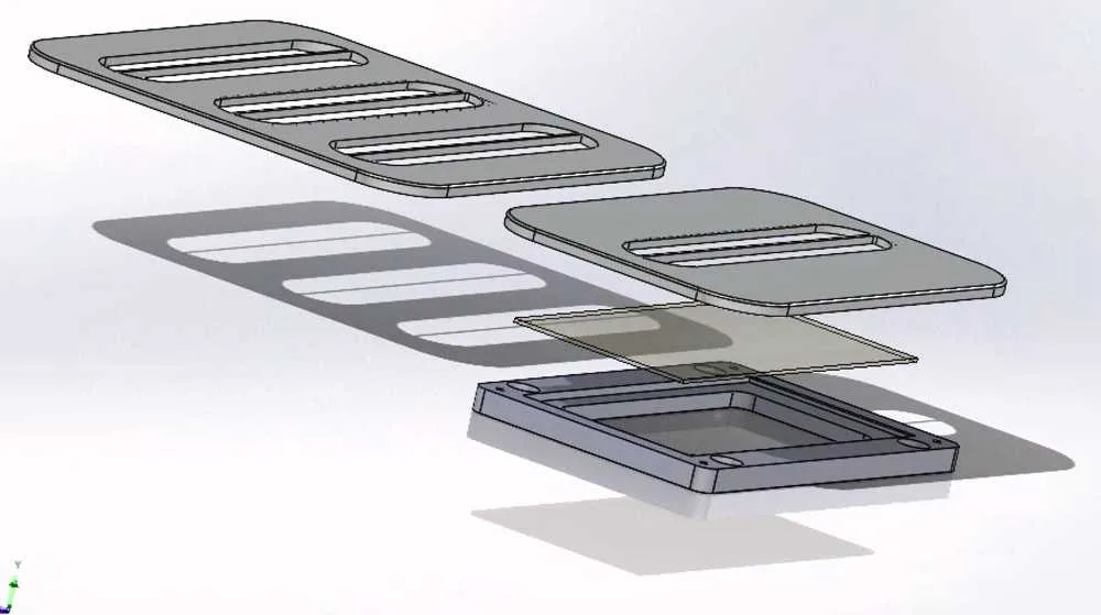 SolidWorks exploded view, rectangular and square faceplates over a shared filter and housing