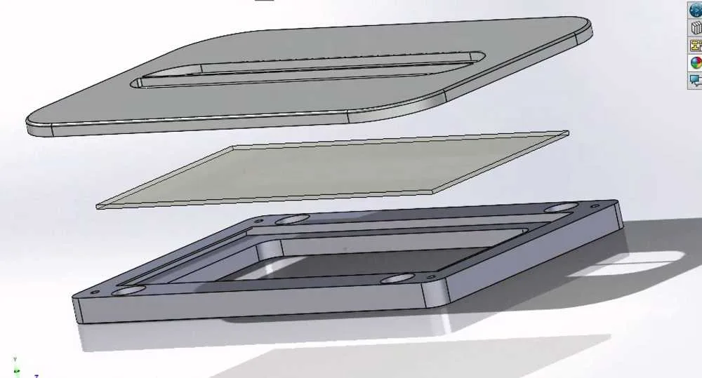 SolidWorks exploded view, faceplate, filter sheet, and magnetic housing frame in a vertical stack