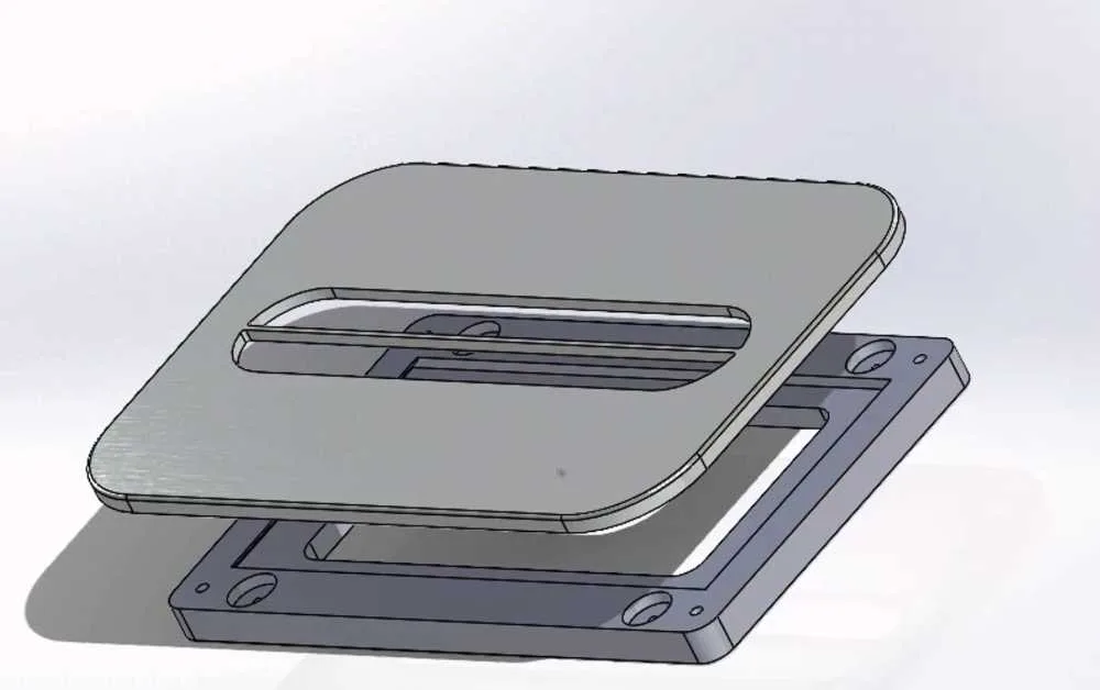 CAD model, faceplate hovering above the magnetic mounting frame, exploded view