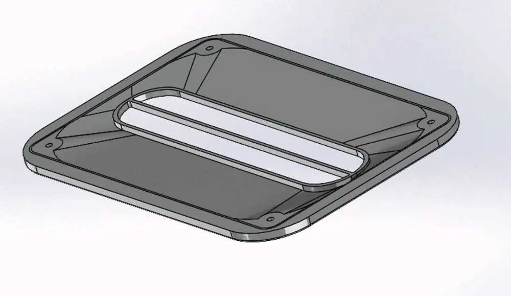 CAD model, the housing frame with tapered air channel and magnet pockets at each corner