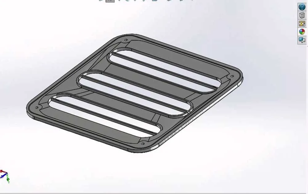 SolidWorks model, louver faceplate with three slot apertures, isometric view