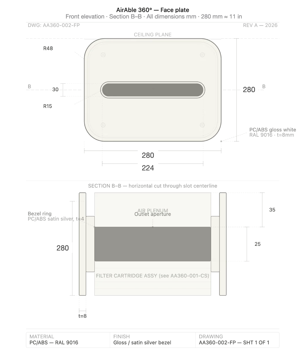 AirAble 360 face plate CAD drawing, front elevation and section B-B, 280 mm (11 in)