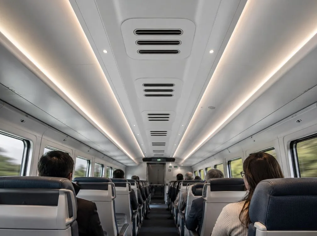 A train carriage interior with airable louvered vents flush in the ceiling line